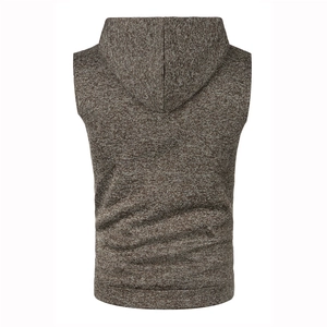 Back view of a marled brown-grey hooded knit vest with a minimalist sleeveless design