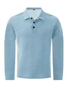 Light blue waffle knit long sleeve polo shirt for men with classic buttoned collar
