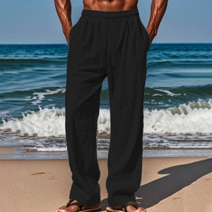 Men's breathable black cotton linen jogger pants featuring beach vacation style