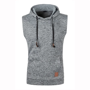 Close-up of heather grey knitted hoodie vest with adjustable drawstring and leather label