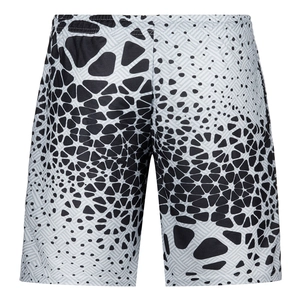 Detail of men's sports shorts showing 3D honeycomb print and breathable mesh fabric