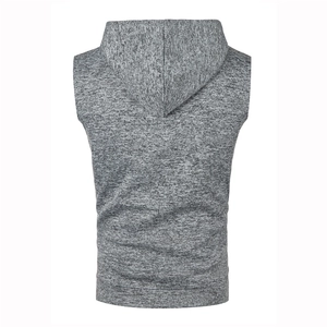 Detail of grey knitted hoodie vest showing clean back seams and soft heather fabric texture