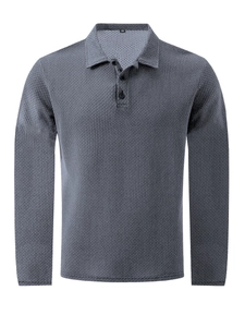 Men's dark gray long sleeve polo shirt featuring premium waffle texture and breathable mesh