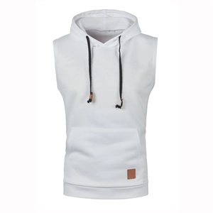 Detail of white hooded vest showing adjustable drawstrings and front kangaroo pocket