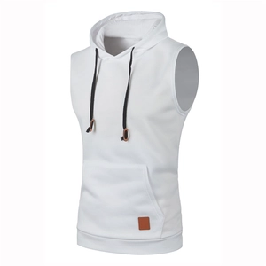 Men's white hooded sleeveless sweater with kangaroo pocket and drawstring in a slim fit