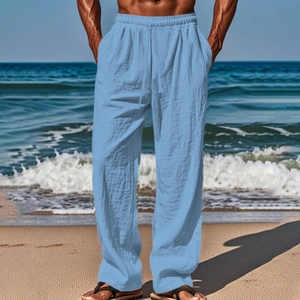 Men's hip-hop breathable cotton linen casual pants in light blue for beach vacation