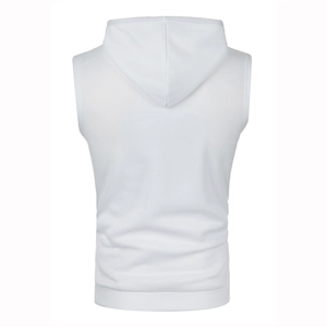 Rear view of white hooded knit vest for men showing athletic fit and clean armhole cuts