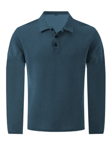 Men's peacock blue ice silk long sleeve polo shirt with breathable waffle knit texture
