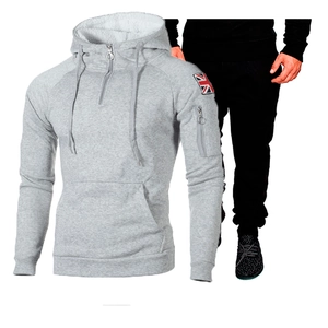 Men's Casual Fleece Hooded Sweatshirt And Pants Suit Half Zip British Flag Patch Sporty Warm Tracksuit Top And Bottom