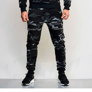 Men's slim fit camo joggers with drawstring waist and multi-pocket military styling