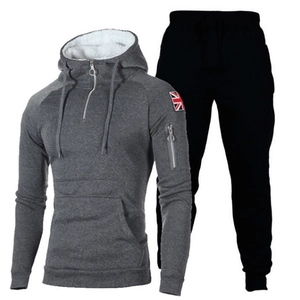 Men's two-piece tracksuit set with grey hoodie featuring a British flag patch and black pants