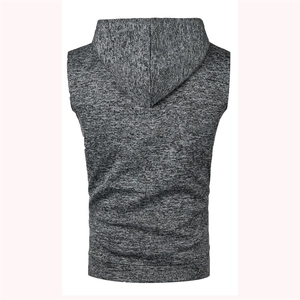 Back view of a men's marl gray knitted hooded vest featuring casual slim fit design