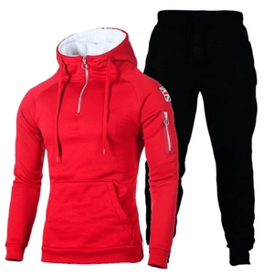 Men's red half-zip hoodie and black pants set with UK flag patch and fleece-lined hood