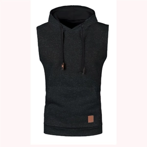 Men's slim fit hooded knit vest in dark grey fleece with adjustable black drawstrings