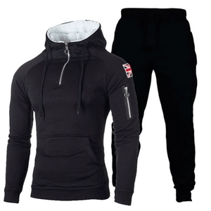 Men's black hooded track suit with Union Jack patch and half-zip sherpa lined collar