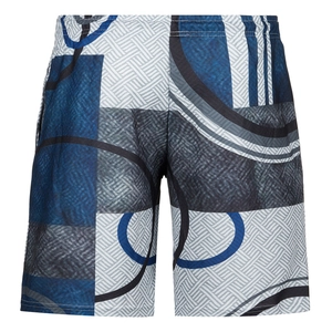 Detailed view of men's swim shorts with complex blue and gray 3D geometric abstract print