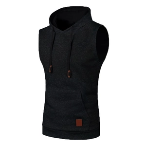 Detail of slim-fit hooded vest featuring adjustable drawstrings and a front kangaroo pocket