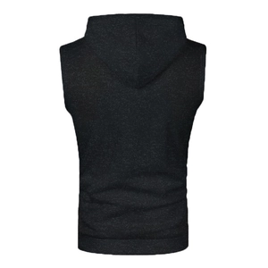Rear view of heather grey slim fit knit hooded vest for men featuring breathable texture