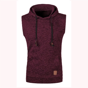 Men's burgundy hooded vest with knitted texture and stylish leather patch detail