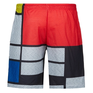 Detail of men's Mondrian style shorts featuring geometric color blocks and elastic waistband