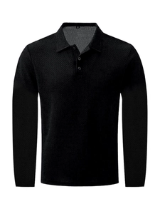 Classic black long-sleeved polo shirt for men featuring a textured waffle knit fabric