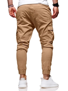 Rear view of khaki cargo joggers featuring classic flap pockets and elastic cuffs