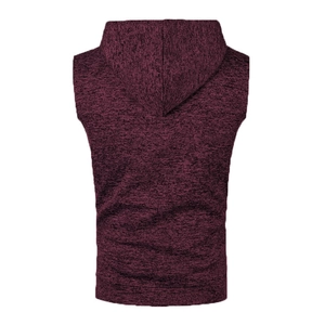 Back view of men's slim fit hooded knit vest in wine red marl with premium fleece lining