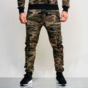 Men's camouflage slim fit joggers with elastic drawstring waist and zipper pockets