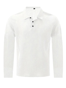 White long sleeve waffle knit polo shirt for men with classic collar and buttons