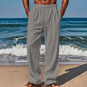 Men's light grey cotton linen hip hop trousers with drawstring elastic waist in solid color