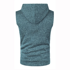 Detailed back view of men's hooded knit vest in space-dye dark teal athletic fabric