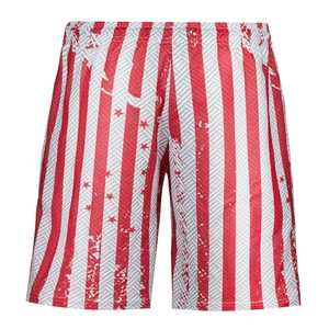 Detail of distressed red and white vertical stripes and stars pattern on casual shorts