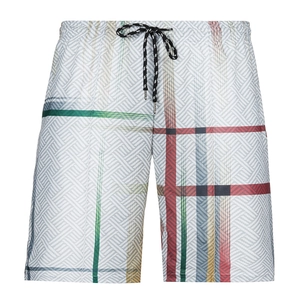 Close-up of elastic waistband with black and white drawstring on 3D printed plaid shorts