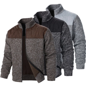 Men's casual knit cardigan with zipper and quilted shoulder patches in three colors