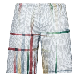 Detail view of multicolored plaid men's summer shorts with elastic waistband and soft fabric
