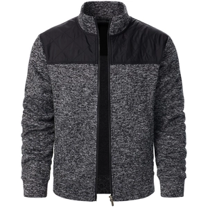 Close-up of men's knit cardigan with diamond quilted shoulder patches and full zip