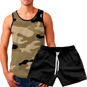Men summer sports set featuring a desert camo sleeveless tank top and black shorts with drawstring