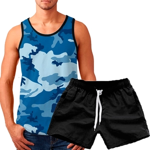 Detail of men's summer sports set featuring blue camo print tank top and drawstring shorts