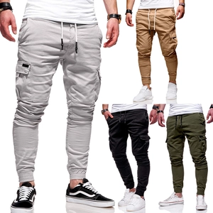 Detail view of multi-color joggers featuring cargo pockets and drawstring elastic waist