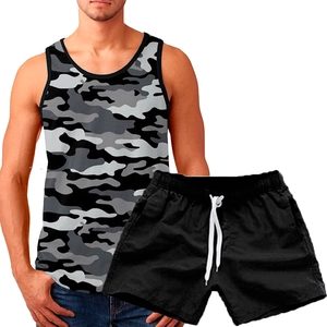 Detail of men's summer sportswear set with grey camo tank top and black drawstring shorts