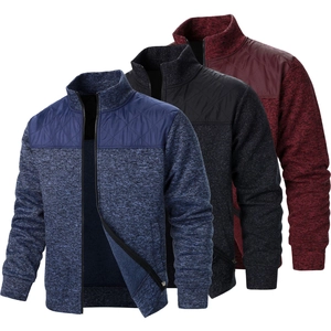 Men's zip-up knit sweater jackets with quilted patchwork and fleece lining