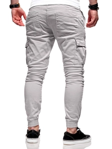 Detailed back view of light gray men's cargo jogger pants with functional flap pockets