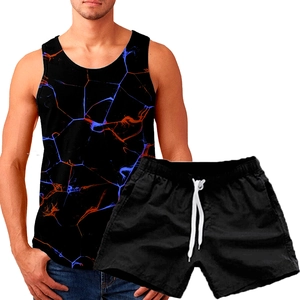 Detail of men's summer sports set featuring 3D printed vest and drawstring shorts