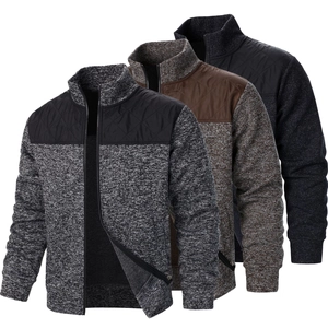 Men's casual zipper knit cardigans with quilted patchwork in grey and brown