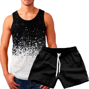 Men's summer sports set with black and white gradient tank top and drawstring shorts