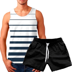 Men's summer casual set with navy striped tank top and black drawstring athletic shorts