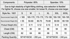 Detailed size guide table for men's compression vest featuring polyester and spandex