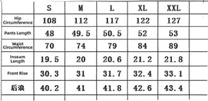 Detailed size chart for men's running shorts showing waist and hip measurements