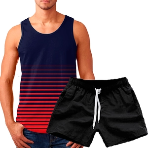 Men's navy blue striped tank top paired with black drawstring sports shorts set