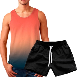 Detail of men's sleeveless 3D gradient sport vest and black shorts set for summer